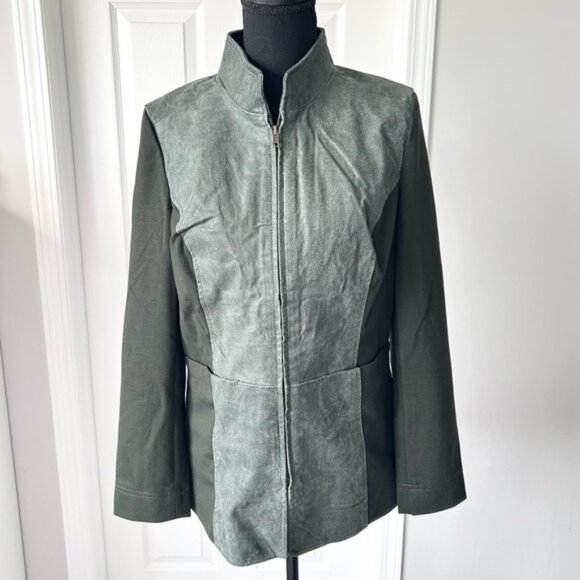 Avon Olive Green Knit Sleeves Leather Jacket Full Zip - Picture 1 of 16